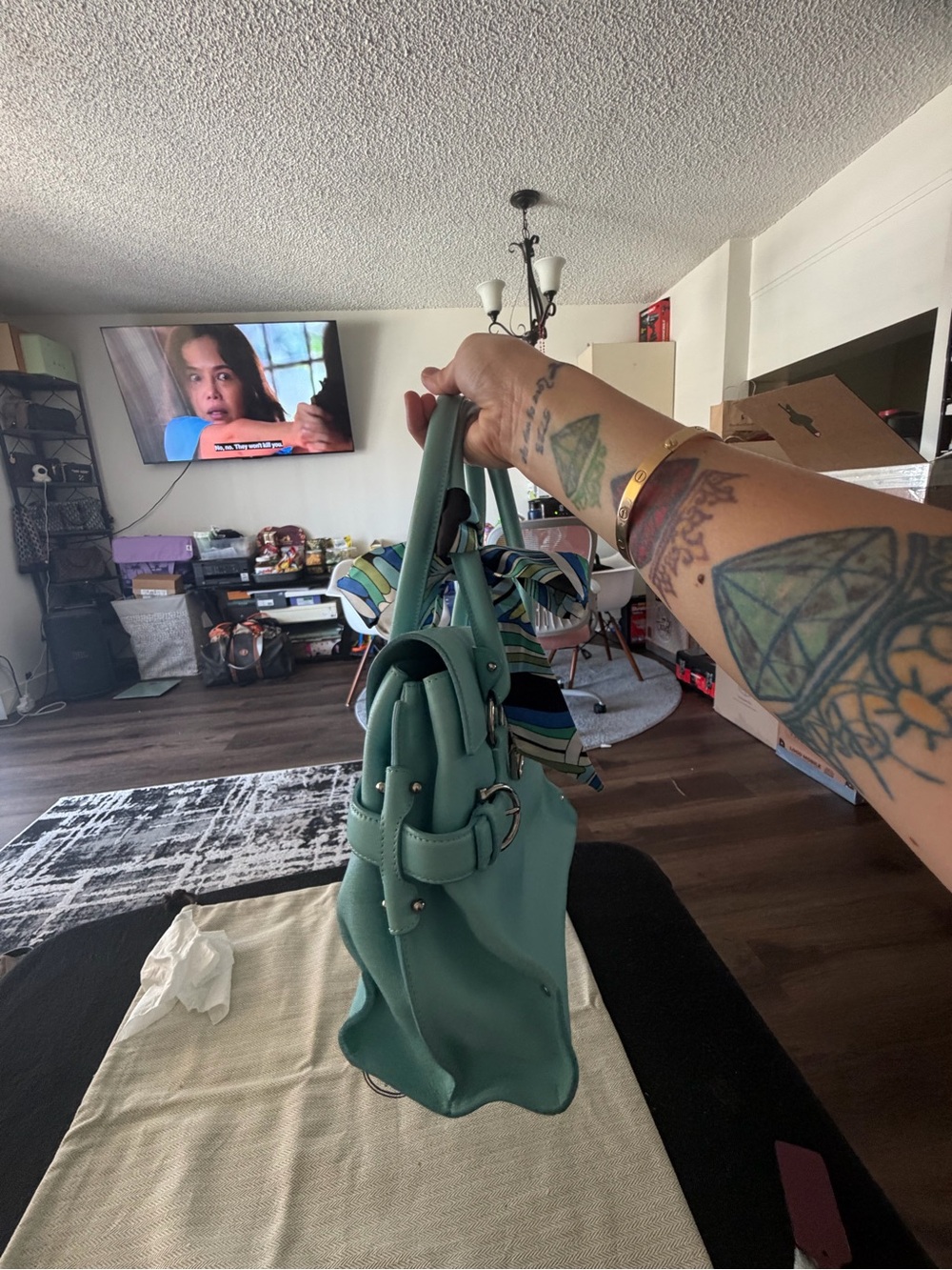 Structured Mint Green Top-Handle Satchel with Scarf - Picture 8 of 9